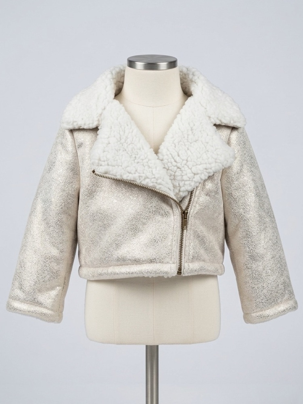 OshKosh BGosh Metallic Silver Faux Shearling Moto Biker Jacket Shimmer Coat 12M